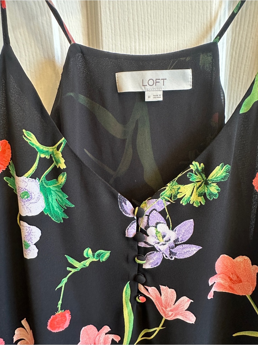 LOFT Black Floral Button-Front Spaghetti Strap Tank - Picture 2 of 4